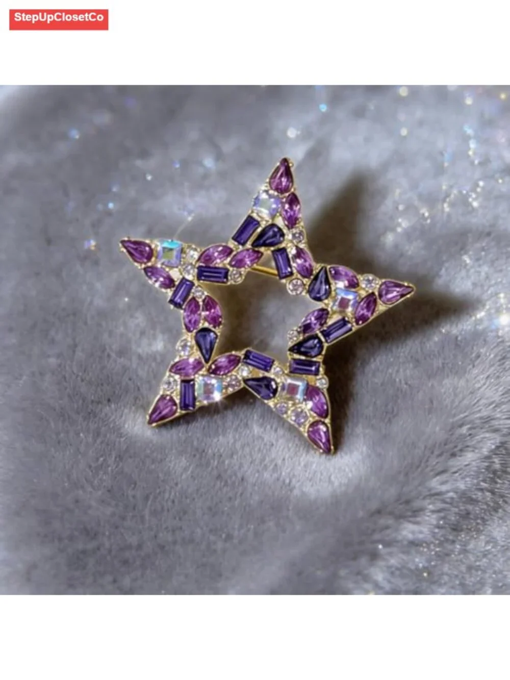 Sparkly Purple Hollow Crystal Star Brooch, Rhinestone Lapel Pin for Women,